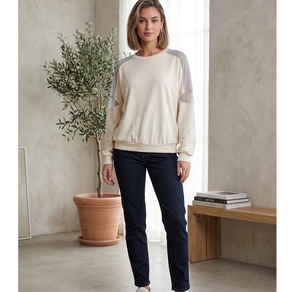 Lumiere Sheer Mesh Panel Sweatshirt Cream Long Sleeve Pullover Large